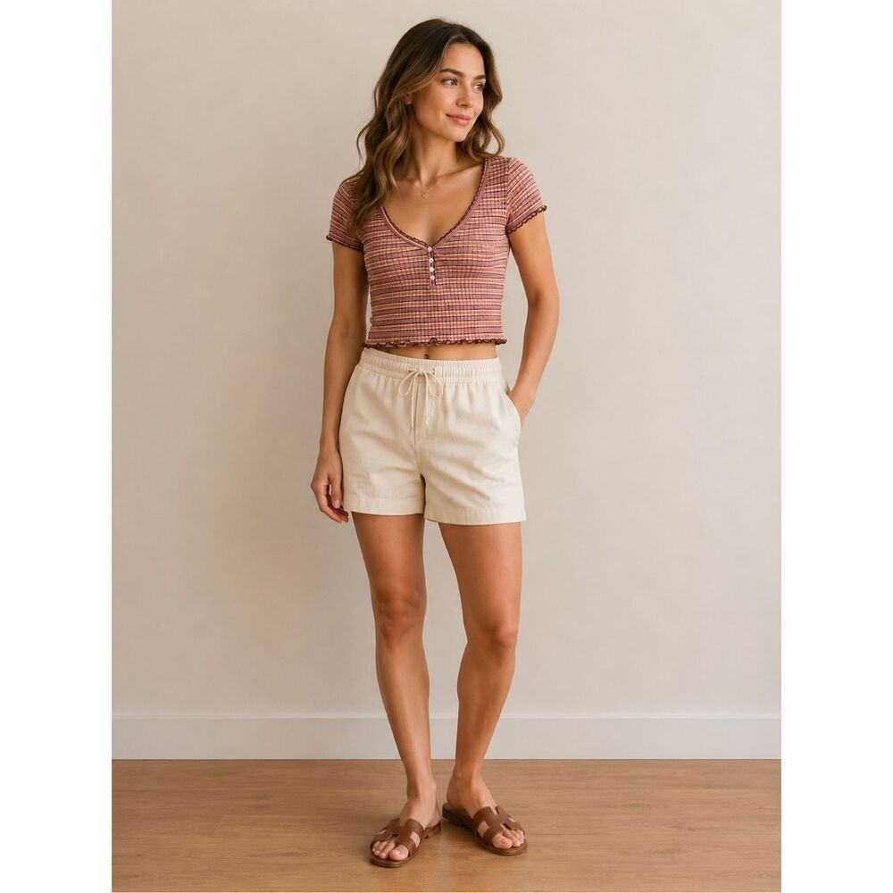 American Eagle Ribbed Striped Henley Top XS Pink Brown Short Sleeve Stretch Tee